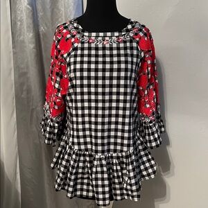 Elegant Checkered Blouse with Red Floral Embroidery